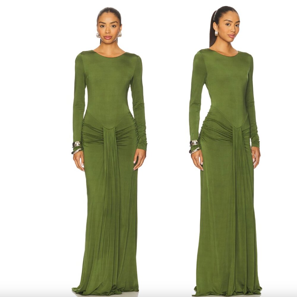 NEW NBD The Heena Gown in Olive Green Long Sleeve Formal Maxi Dress